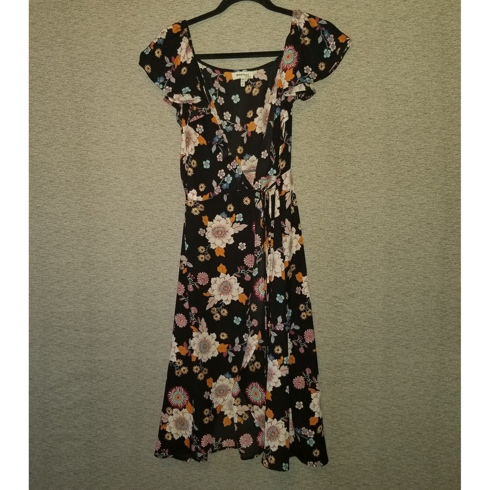 Monteau Black Faux Wrap Dress Long Women's Medium Vibrant Floral Cap Sleeves